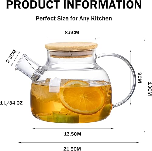 Theiere Verre avec Filtre,Théière en Verre,Theiere avec Infuseur,Theiere en Verre avec Couvercle en Bambou,Design Moderne,Lavable au Lave-Vaisselle Pour les Boissons Chaudes Froides(1000ml) - Nail Gallerys