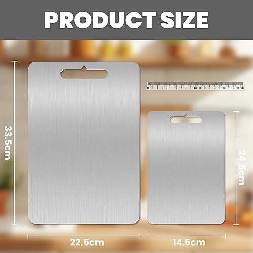 Shiawase 2 Pièces Planche à Découper en Titane, Planche À Découper en Acier Inoxydabl Avec Règle Transparente, Planche à Découper Double Face de Qualité Alimentaire, pour Cuisine Viande les Légumes - Nail Gallerys