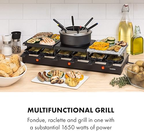 KLARSTEIN Fonduelette XL - Gril raclette et fondue 3 en 1, 1650 W, gril 3 en 1: plaque métal/pierre naturelle/crêpes, éléments chauffants en inox, jusqu'à 12 pers., revêtement antiadhésif - noir - Nail Gallerys