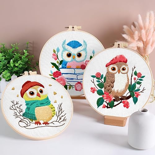 JSRQT 3 Pièces Kit de Démarrage de Broderie,DIY Hibou Point de Croix Broderie Kit,Couture D'art Fait à La Main Accessoires,Embroidery Starter Kit pour Adultes Débutants - Nail Gallerys