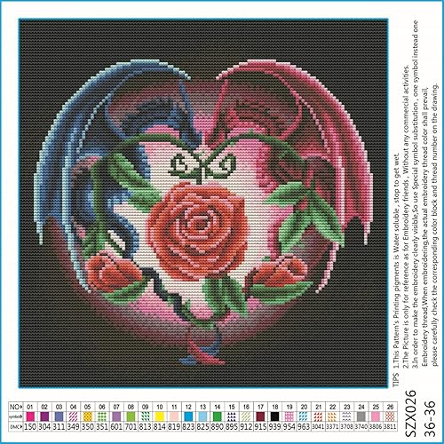 Meecaa Kit de broderie au point de croix estampillé 11 fils avec accessoires pré-imprimés (36 cm x 36 cm) (dragon et rose) - Nail Gallerys