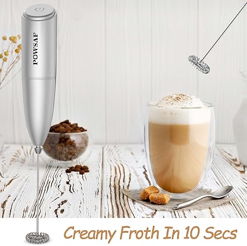 POWSAF Mousseur à Lait Électrique, Emulsionneur à Lait en Acier Inoxydable, 13000 tr/min, Fouet Électrique pour Café, Latte, Cappuccino, Matcha, Silver - Nail Gallerys