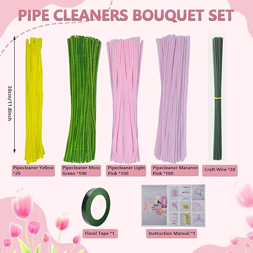 KNJOMZIE Set de 340 Fil Chenille Multicolore pour Loisirs Créatifs, 4 Couleurs Différentes, avec 20 Tiges Vertes et 1 Rouleau de Ruban Floriste - Set Complet pour Créer des Fleurs, Décorations et DIY - Nail Gallerys