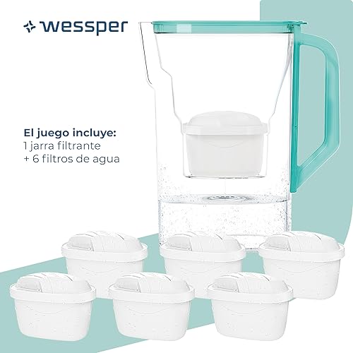 Wessper Carafe Filtrante avec Filtre, Carafe pour porte de réfrigérateur 2,7 L, Cartridges avec Charbon Actif et Résine échangeuse d'ions, Pitcher set set de 6 Filtres - Menthe - Nail Gallerys