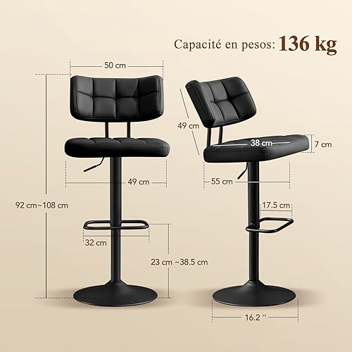 Ckaff Lot de 2 Tabourets de Bar, Tabourets Bar Réglables en Hauteur Modernes, Chaise de Bar Chaise Haute Bar, Tabouret Ilot Central Cuisine avec Dossier et Repose-Pieds pour Cuisine, Bar, PU, Beige - Nail Gallerys