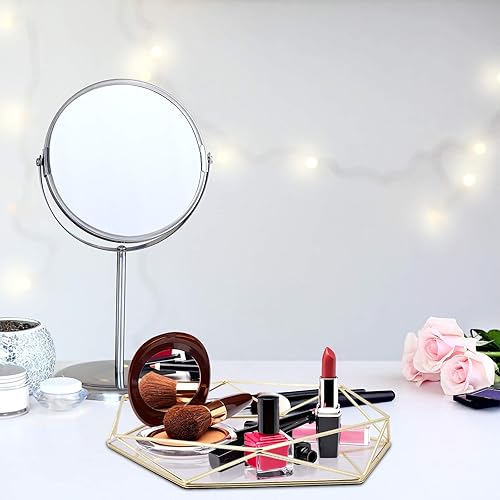 Organisateurs de Plateaux cosmétiques, Plateau de Maquillage en Miroir en Verre Polygonal, Plateau décoratif en métal pour vanité, Commode, Salle de Bain, Chambre à Coucher (Or Rose) - Nail Gallerys