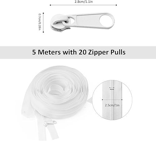 Fermeture Éclair au Mètre Blanche Chaîne, Fermetures à Glissière en Nylon de 5 m avec 20 Curseurs en Métal, pour Bricolage Couture de Vêtements Linge de Lit Cartables Largeur 2.5 cm - Nail Gallerys