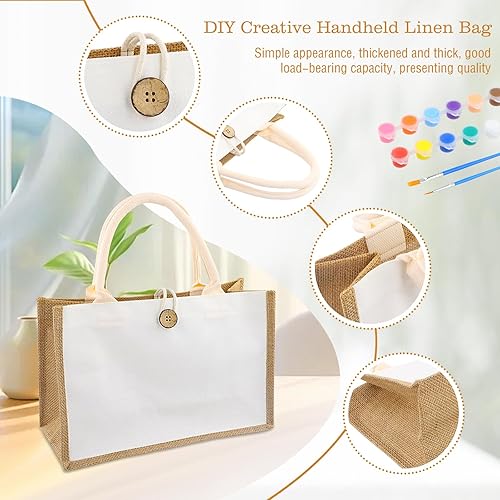 Litinliv Sac Jute Naturel avec Poignées - Sac de Plage Hydrofuge, 12 Couleurs de Peinture, 2 Brosses, Sac de Transport Durable pour Bricolage et Vie Quotidienne, Taille: 32x21x13cm - Nail Gallerys