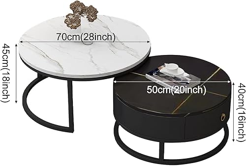 CENAP Lot de 2 Tables Basses gigognes Modernes en Ardoise, Tables d'appoint empilables avec tiroir de Rangement, Tables gigognes, Table Ronde avec Base en métal Finition marbre pour Petit Espace. - Nail Gallerys