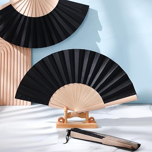 2 Pièces Éventail en Bois Éventails Pliables à Main en Tissu Ventilateurs de Poche Éventail d Artisanat Cadeau d Éventail avec Cordon de Serrage Sacs en Organza pour Hommes Femmes Filles (Noir) - Nail Gallerys