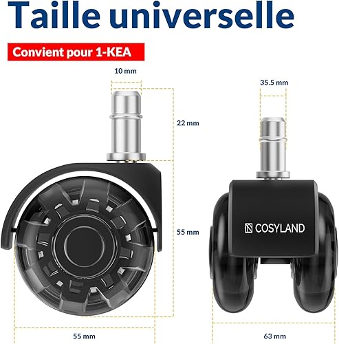 COSYLAND 5PCS Roulette Chaise Bureau 11x22mm - Roulettes Silencieuses, Capacité 300 kg - Pour Fauteuils de Bureau Standard - 360° Glisse Fluide, Installation Facile, Hauteur 5.5 cm, Roues Noires - Nail Gallerys