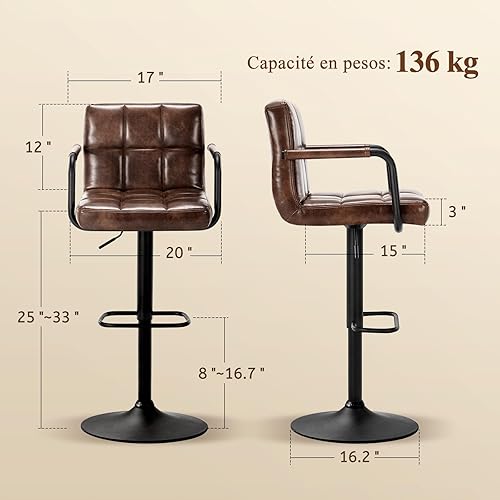 Ckaff Tabouret de Bar Lot de 2, Tabouret de Cuisine Pivotants 360°,Chaise de Bar Réglable en Hauteur avec Similicuir avec et Repose-Pieds, Dossier, Accoudoirs pour Cuisine, Comptoir, Bar, Marron Noir - Nail Gallerys