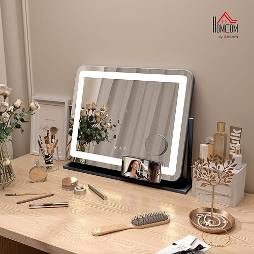 HOMCOM Miroir Lumineux LED intensité Miroir de Maquillage 3 Modes d'éclairage grossissement 10X, Port de Charge USB, Touche Tactile, Rotation à 360° - 62,5 x 52 cm - Nail Gallerys