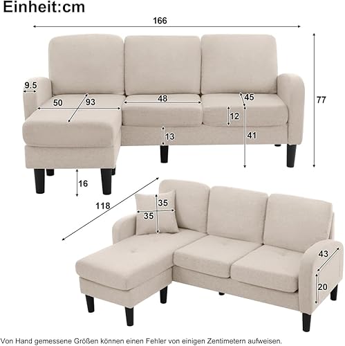 Zubaliya Canapé d'angle en L avec méridienne,Canapé 3 Places,166 x 118 x 77 cm,Tissu Respirant en Coton et Lin,Pieds en Plastique,Idéal pour Les Salons,Les Appartements et Les Bureaux (Dark Grey) - Nail Gallerys