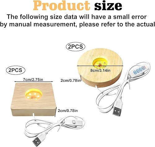 Lot de 4 socles LED en bois - 3 couleurs - Éclairage en bois réglable - Rond + rectangulaire - Support USB pour boules en cristal, verre, bijoux, acrylique et résine - Nail Gallerys