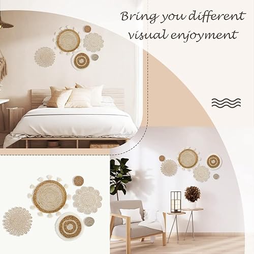 ivamulie Ensemble de 6 paniers muraux bohème, paniers plats tressés en rotin, tentures murales, pompons faits à la main, paniers muraux floraux, décorations de canapé de chevet - Nail Gallerys