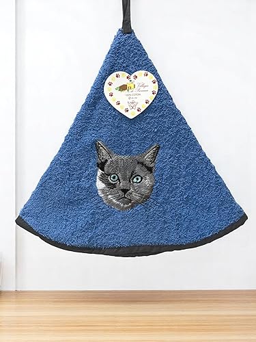 Torchon Essuie Mains Brodé Chat - Essuie Mains Cuisine Rond avec Attache - Motifs Brodés - 100% Coton - Ø 65 cm de diamètre - Lavable en Machine (Gris, Unité) - Nail Gallerys