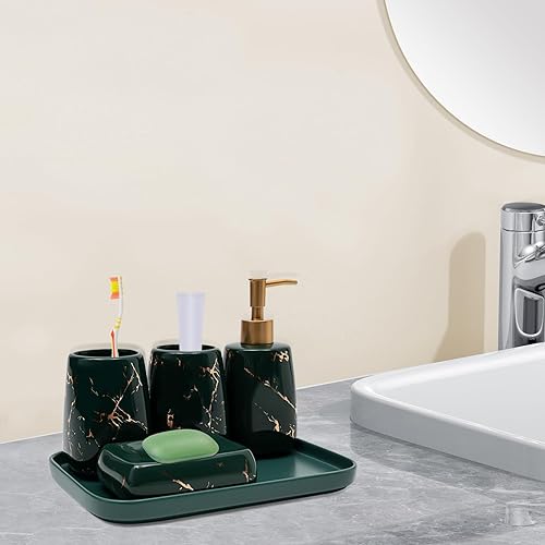 Lot de 5 accessoires de salle de bain pour salle de bain - Organisateur et décoration de salle de bain - Aspect marbre - Avec distributeur de savon, porte-savon, gobelet, plateau (vert) - Nail Gallerys