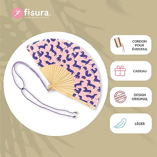 fisura. - Éventail original rose avec des motifs chiens. Éventail en bois moderne et amusant. Éventail rose et violet. Mesures : 42,5 X 23. Matériau : Bois et textile. - Nail Gallerys