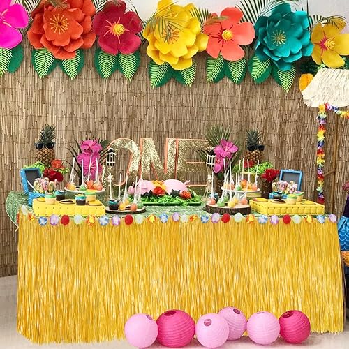 Lot De 4 Jupes De Table En Herbe Luau - Décorations De Fête Hawaïenne - Jupe De Table Hawaïenne Avec Fleurs D'hibiscus - Jupe De Fête Jaune Pour Fête Luau - Fête À Thème Hawaïen - 75 X 275 Cm - Nail Gallerys