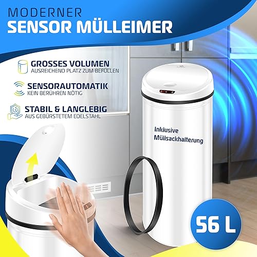 KESSER Poubelle à capteur ✓ Automatique ✓ Poubelle ✓ Déchets | Acier Inoxydable | Couleur : Blanc | Taille : 56 L - Nail Gallerys