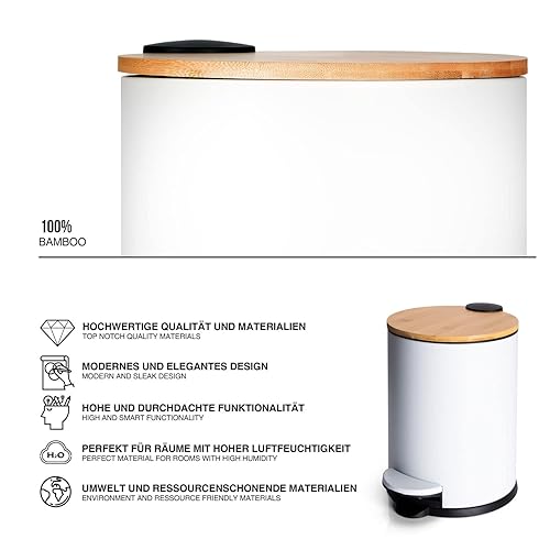 Dimono® Cosmétique Poubelle de salle de bain Poubelle à pédale 3 et 5 litres avec couvercle en bambou et marche antidérapante (5 litres plat) - Nail Gallerys