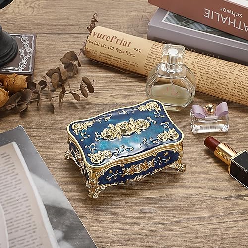 Boîte à bijoux vintage de luxe rectangulaire en métal pour boucles d'oreilles, colliers, bagues, cadeau de mariage, décoration pour filles et femmes (bleu) - Nail Gallerys