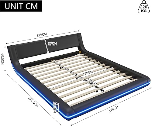 KOMHTOM Lit Double Rembourré avec Lumière d'ambiance LED, Lit Plat avec Sommier à Lattes en Bois, Design Unique, Moderne, PU(sans Matelas) (Noir, 160x200cm) - Nail Gallerys
