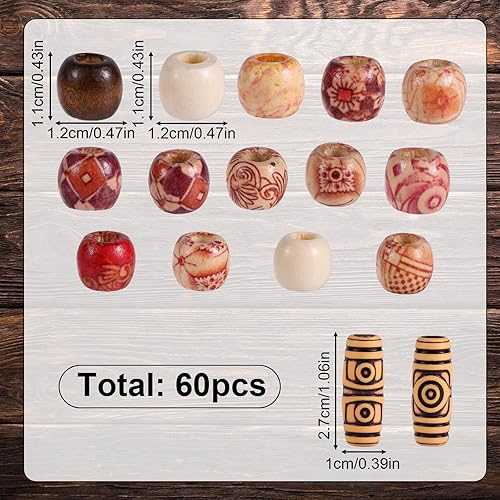 60pcs Perles Cheveux bois pour Tresses, Rétro Multi-Formes Dreadlocks Perles Tressées pour Accessoires Capillaires Faits Main Bricolage Fabrication de Bijoux - Nail Gallerys