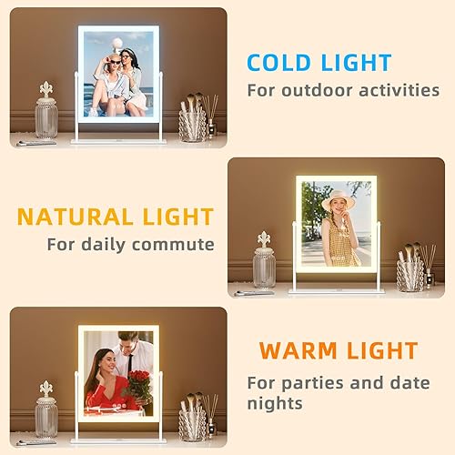 FENCHILIN Miroir de maquillage avec éclairage Hollywood - 3 couleurs - Lumière à intensité variable - Avec éclairage - Contrôle tactile intelligent - Grossissement 10x - Rotation à 360° - Blanc - Nail Gallerys