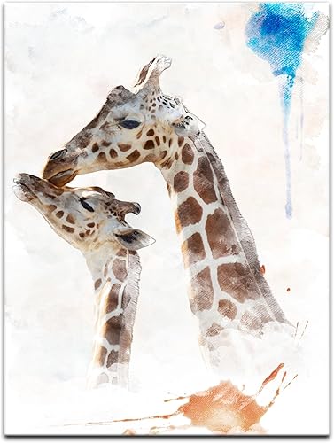 Bilderdepot24 Reproduction Aquarelle - Girafe - Image sur Toile 40 x 50 cm Monobloc - Images comme Une Impression de Toile - la Faune - Girafe et Son Petit - Nail Gallerys