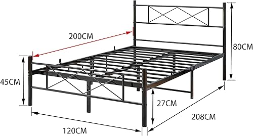 VERFARM Lit simple en métal, avec sommier à lattes, avec tête de lit, lit simple, 120 x 200 cm, noir - Nail Gallerys