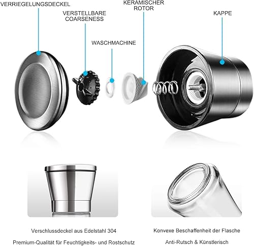 HomeTeck Moulin à Poivre et Sel, Broyeurs en Acier Inoxydable Brossé et Verre, Broyeur en Céramique Réglable - Nail Gallerys