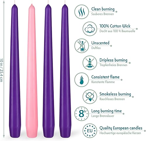 BRUBAKER - Bougies de l'Avent Premium - Lot de 4 - Idéales pour Couronne de l'Avent & Bougeoir de Noël - Longues & Fines - 3x Violet 1x Rose - Nail Gallerys