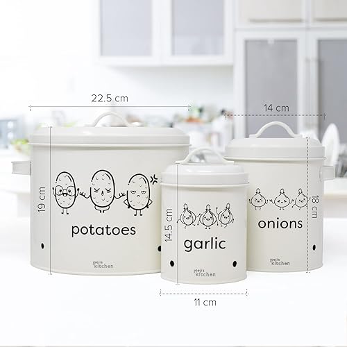 Joejis rangement pomme de terre oignon ail Lot de 3,Métal boite oignons ail echalotte avec couvercle avec circulation d'air à 360°- Rangement Pomme de Terre - Creme - Nail Gallerys