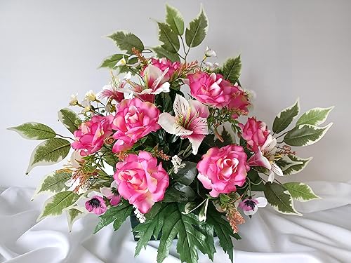 Roselynexpress Composition De Fleurs Artificielles, Lesté Ciment pour Une Parfaite Tenue à L' extérieur. Réalisé par Nos Soins, Fleurs de Qualité. Dimension - Largeur/32cm - Longueur/72cm - Nail Gallerys