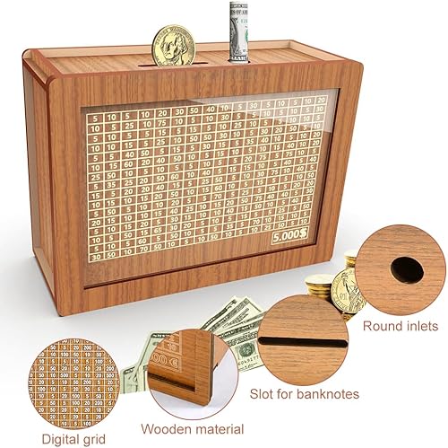 Tirelire Bois,Tirelire Bois Enfant,Boîte Rangement Tirelire Rétro,Numérique Tirelire,Tirelire Réutilisable,Tirelire avec Objectif Chiffres D'épargne,Tirelire 5000,Tirelire Budget,Tirelire Magique - Nail Gallerys
