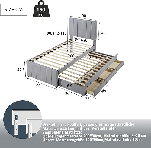 PUGSDRLY Lit d'Enfant Extensible 90 x 200 cm, de Rangement pour Adolescents avec Tiroirs, d'Invité avec Cadre en Bois Massif (Beige) - Nail Gallerys