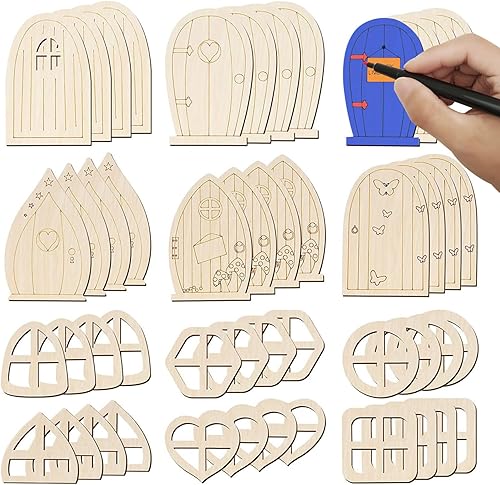 Hperu Porte Miniature Porte de fée Portes de fée en Bois pour Arbre inachevé Mini fenêtre fée Maison Bricolage kit de fée Accessoires de Jardin pour la Maison 48 pcs Style 1 - Nail Gallerys