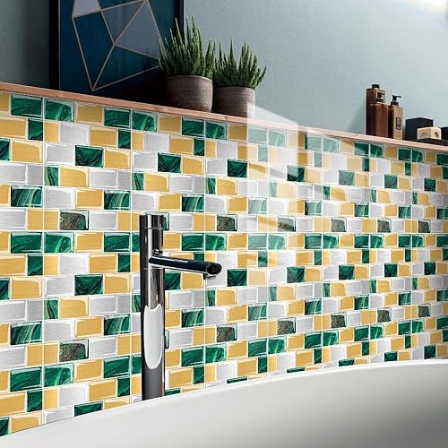 Autocollants for carrelage de cuisine et salle de bain, carreaux auto-adhésifs en marbre vert et jaune, carreaux en vinyle à coller, imperméables et résistants à l'huile, carreaux muraux décoratifs au - Nail Gallerys
