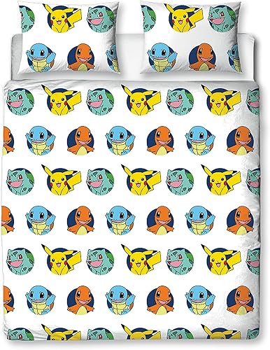 Character World Pokémon Parure de lit Double Officielle Gotta Design | Bleu réversible Pikachu Squirtle Charmander Housse de Couette 2 côtés Produit Officiel avec taies d'oreiller Assorties - Nail Gallerys