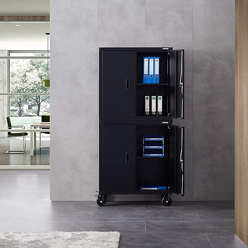 AREBOS Meuble de Bureau | Noir | 195 x 40 x 90 cm | Lot de 2 | 4 Portes | avec roulettes | Tablettes réglables en Hauteur | avec Serrure à Cylindre - Nail Gallerys