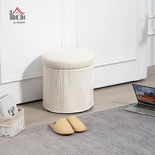 HOMCOM Pouf Rangement 32 L Pouf Salon Tabouret de Coiffeuse en Velours côtelé avec Couvercle et Pieds en Acier, Repose Pied Rond jusqu'à 120 kg, pour Couloir, Chambre, Salon, Beige - Nail Gallerys