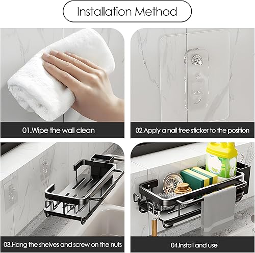 JTOOYS Organisateur d'évier, organiseur d'évier, organiseur d'évier, panier à ustensiles pour cuisine et salle de bain avec bac d'écoulement, pas de perçage nécessaire, autocollant mural, noir - Nail Gallerys