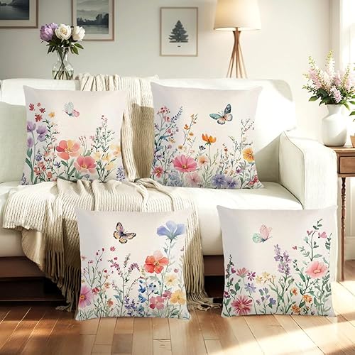 4 Pièces Housse De Coussin Fleurs 40x 40cm,Housses De Coussin à Fleurs Aquarelles,Housses D'oreiller,Taie D'oreiller En Lin,Housse De Coussin Papillon Et Oiseau,Pour Décoration Canapé Et Maison (C) - Nail Gallerys