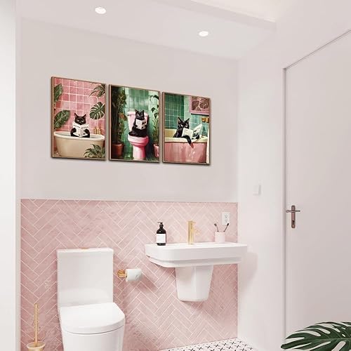 Lot de 3 toiles Affiche Drôle Salle de Bain Noir Chat Rose Vert Toilette Oeuvre Plante Tropicale Feuilles Impression Murale Art Chambre Cadeau Salon Dortoir Galerie Couloir Décoration images,A3 (30X42 - Nail Gallerys