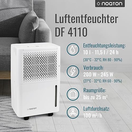 Noaton Déshumidificateur Portable Silencieux, 24L/jour, Minuterie 24h, Réservoir 5,5L, Drainage Continu, avec Dégivrage Automatique, Efficace pour Pièces jusqu'à 45 m², Afficher, Anti Moisissure - Nail Gallerys