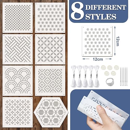 Zernblend 8 modèles de Broderie 4,7 x 4,7 Pouces, 5 Aiguilles à Broder, 5 Ensembles de Cordes tressées, 5 protège-Doigts en Caoutchouc et 1 Anneau pour Le Doigt, Quilting à la Main, pochoirs en - Nail Gallerys