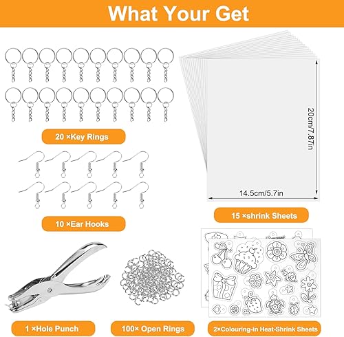 148 pièces Kit Feuille Plastique Fou, Comprend 15 Papier Magique 20*14.5cm, 2 Plastique Magique avec Motif, Perforatrice, avec Boucle Ouverte, Anneau de Clé, Crochet D'Oreille pour Bricolage Artisanat - Nail Gallerys