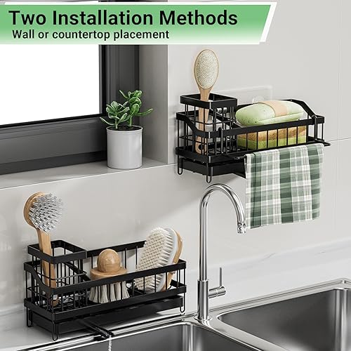 MainPi Rangement Evier Cuisine,Porte Eponge Evier Cuisine Mural avec Bac Vidange,Organiseur pour évier avec Porte-Serviettes,Panier d'évier de Cuisine Suspendu ou Posé sur le Plan de Travail (Noir) - Nail Gallerys